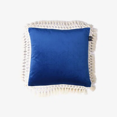 Wolf & Badger Indigo & Pale Blue Oriental Velvet Cushion With Ivory Fringe Bivain