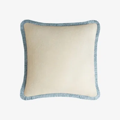 Wolf & Badger Happy Pillow Velvet Dirty White With Light Blue Fringes Lo Decor