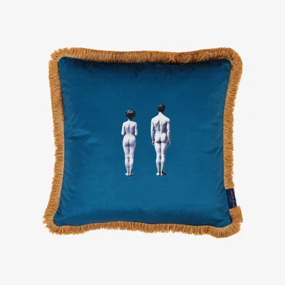Wolf & Badger Models Fringe Velvet Cushion Bayberry Blue Melody Rose London