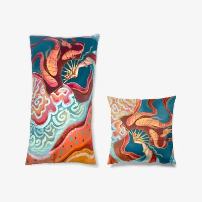 Wolf & Badger Red Fan Print Silk Cushion Set Of Two Sukiw Design