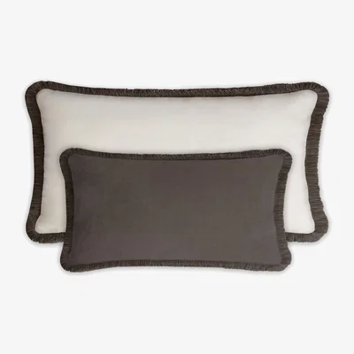 Wolf & Badger Grey Couple Happy Pillow Rectangle Carbon And White Velvet With Fringes Lo Decor