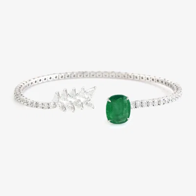 Wolf & Badger Women's White / Green Cushion Cut Emerald & Rose Cut Diamond In 18K White Gold Designer Cuff Bangle Artisan