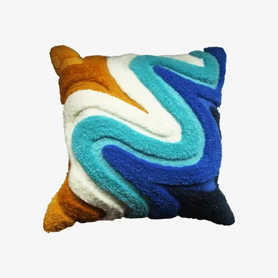 Wolf & Badger Blue / Neutrals Colourful Tufted Cushion - Large Teal & Ochre Wavy Ellie Pearce Textiles