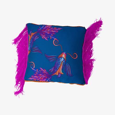 Wolf & Badger Blue / Pink / Purple Side Pink Fringe Koi Fish Print Satin Cushion One Size Janara Jones
