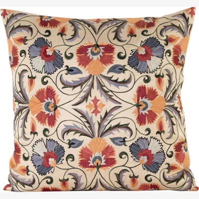 Wolf & Badger Hand-Embroidered Silk Cushion - Carnations In Purples, Oranges And Reds One Size Anor Living