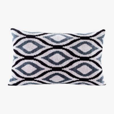 Wolf & Badger Grey Hand-Woven Silk Velvet Ikat Cushion - Silver, Blue Diamonds One Size Anor Living