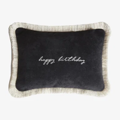 Wolf & Badger Happy Pillow Happy Birthday Cushion Black Velvet With White Fringes Lo Decor