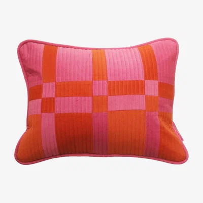 Wolf & Badger Rectangular Velvet Checked Quilted Cushion - Pink & Orange Ellie Pearce Textiles