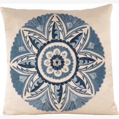 Wolf & Badger Hand-Embroidered Silk Cushion - Blue Floral Medallion One Size Anor Living