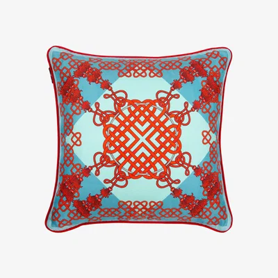 Wolf & Badger Blue / Red Xanadu Red Silk Cushion Bivain