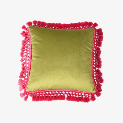 Wolf & Badger Pistachio & Olive Oriental Velvet Cushion With Fuschia Fringe Bivain