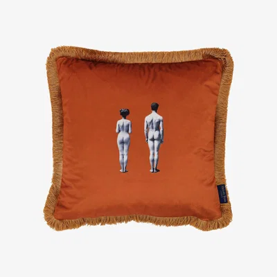 Wolf & Badger Yellow / Orange Models & Stripes Reversible Fringe Velvet Cushion Burnt Orange Melody Rose London