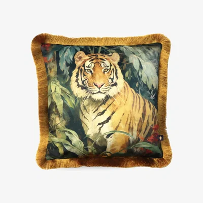 Wolf & Badger Green / Gold The Tigress Fringed Velvet Cushion The Curious Department