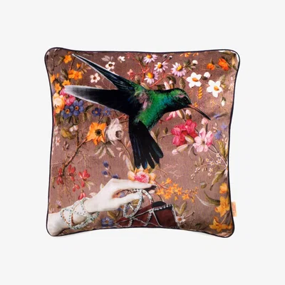 Wolf & Badger Grey / Green / Black Bird & Hand Velvet Cushion Susi Bellamy
