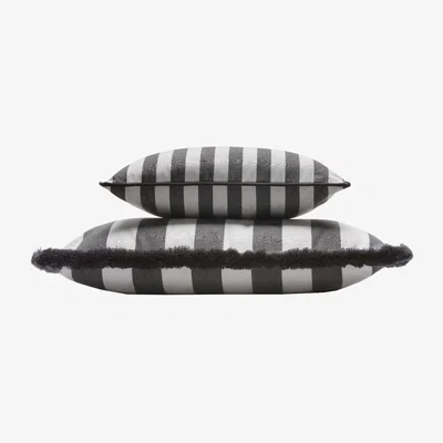 Wolf & Badger Couple Striped Happy Pillow Outdoor - White And Carbon - Fringes And Piping - Grey Lo Decor