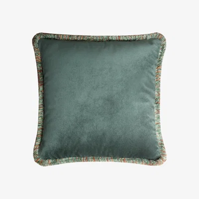 Wolf & Badger Green Happy Teal Velvet Cushion With Multi Coloured Fringes Lo Decor