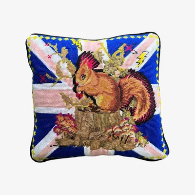 Wolf & Badger Hand-Embroidered Needlepoint "Punk Squirrel" Original Pillow Mommani Threads