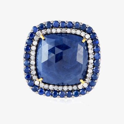 Wolf & Badger Women's Blue / Gold 925 Silver & 18K Gold In Cushion Cut Blue Sapphire With Diamond Cocktail Ring Artisan