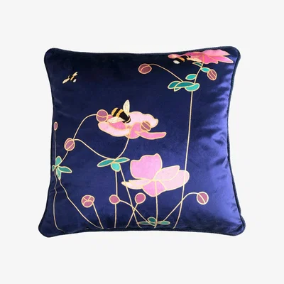 Wolf & Badger Bumble Bees Midnight Blue Velvet Cushion Amanda West