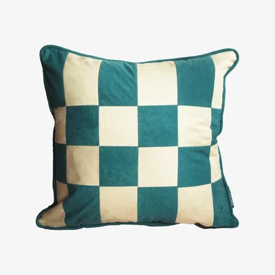 Wolf & Badger Checked Patchwork Cushion - Teal & White Ellie Pearce Textiles