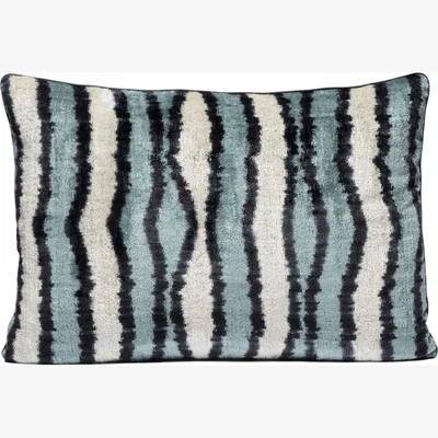 Wolf & Badger Hand-Woven Reversible Silk Velvet Ikat Cushion - Blue, Silver Stripes One Size Anor Living