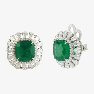 Wolf & Badger Women's White / Green 18K Solid White Gold In Cushion Cut Emerald & Pear Diamond Stud Earrings Artisan