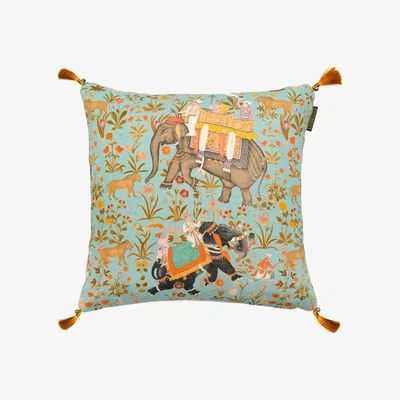 Wolf & Badger Green / Black / Brown Hindustan Aquamarine Linen Cushion By Mindthegap
