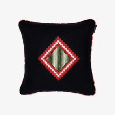 Wolf & Badger Black / Yellow / Orange Moki Linen Embroidered Square Cushion By Mindthegap