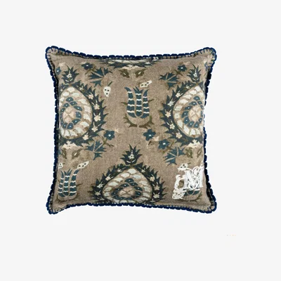 Wolf & Badger Blue / Brown / Grey Flourish Linen Cushion By Themindthegap