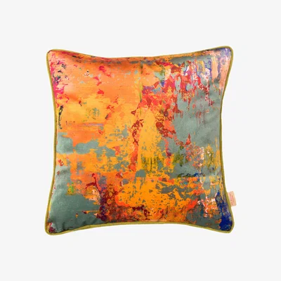 Wolf & Badger Blue / Yellow / Orange Grey Stucco Velvet Cushion Susi Bellamy