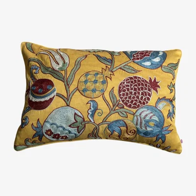 Wolf & Badger Yellow / Orange Bright Yellow Suzani Cushion With Pomegranate Punica