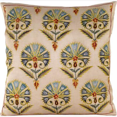 Wolf & Badger Hand-Embroidered Silk Cushion - Blue Carnations With Red Border One Size Anor Living