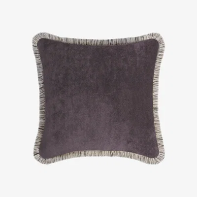 Wolf & Badger Grey Velvet Artic Fifty Cushion Anthracite With Multicolor Fringes Lo Decor
