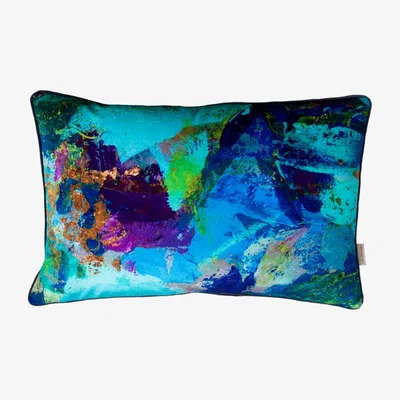 Wolf & Badger Blue / Gold / Green Azure Abstract Large Oblong Velvet Cushion Susi Bellamy
