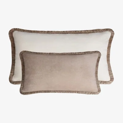 Wolf & Badger Neutrals Couple Velvet Bed Cushions With Fringes Beige Lo Decor