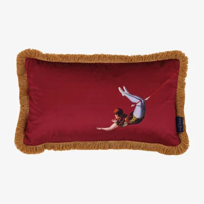 Wolf & Badger Trapeze Girl & Stripes Rectangle Velvet Cushion Deep Berry Red Melody Rose London