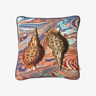 Wolf & Badger Blue / Neutrals / White Sea Swirl Two Shells Linen Cushion Susi Bellamy