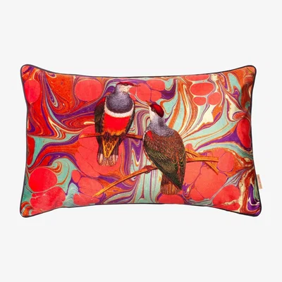 Wolf & Badger Brown / Blue / Red Orange Swirl Birds Velvet Cushion Susi Bellamy