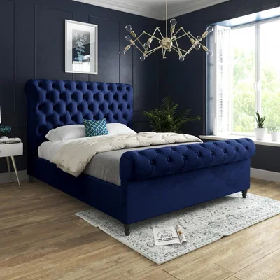 The Range Sienna Sleigh Upholstered Soft Velvet Bed Frame - Blue / Small Double