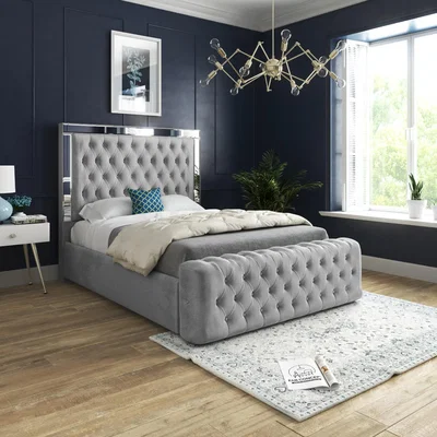 The Range Marino Mirror Upholstered Soft Velvet Bed Frame - Grey / Small Double
