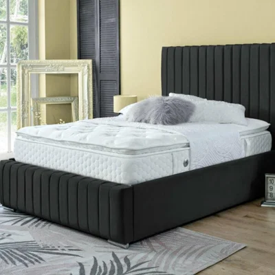 The Range Savoy Panel Line Design Upholstered Soft Velvet Bed   - Black / Small Double