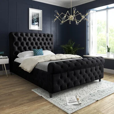 The Range Savana Sleigh Upholstered Soft Velvet Bed Frame - Black / Small Double