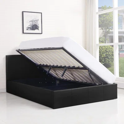 The Range Ottoman Side Lift-Up Leather Storage Bed Frame - Black / Small Double