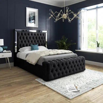 The Range Marino Mirror Upholstered Soft Velvet Bed Frame - Black / Small Double