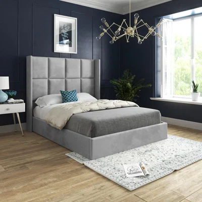 The Range Quanta Straight Winged Upholstered Soft Velvet Bed Frame - Grey / Small Double