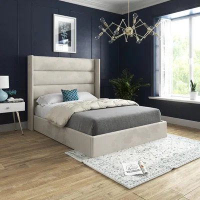 The Range Nuno Straight Winged Upholstered Soft Velvet Bed Frame - Cream / Small Double