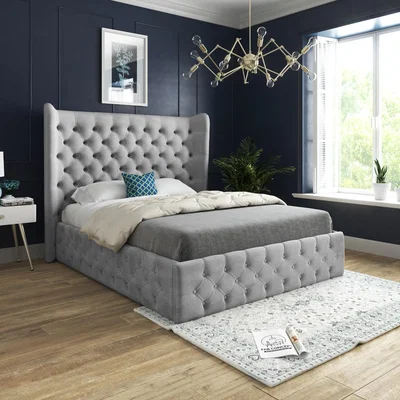 The Range Florence Wide Winged Upholstered Soft Velvet Bed Frame - Grey / Small Double