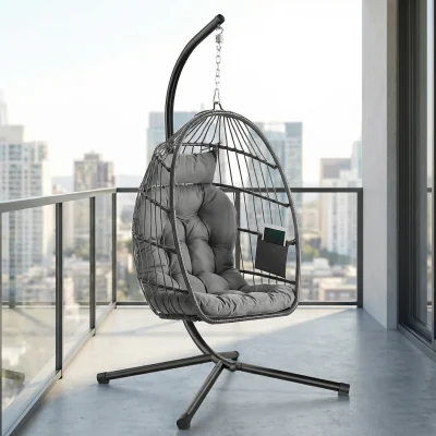 The Range Height-Adjustable Hanging Egg Chair with Stand, Foldable Removable Basket - Grey