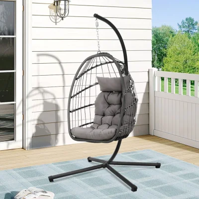 The Range Outdoor Hanging Chair with Stand and Cushion - Black / 21.9kg / 1 x Black Seat Basket Hanging Chair,1 x Dark Grey Cushion without armrests