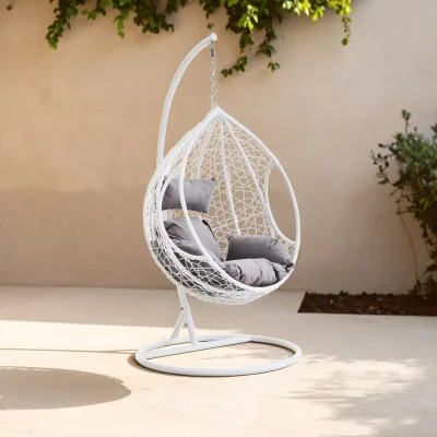 The Range Goa White Rattan Effect Hanging Chair with Grey Cushions - White